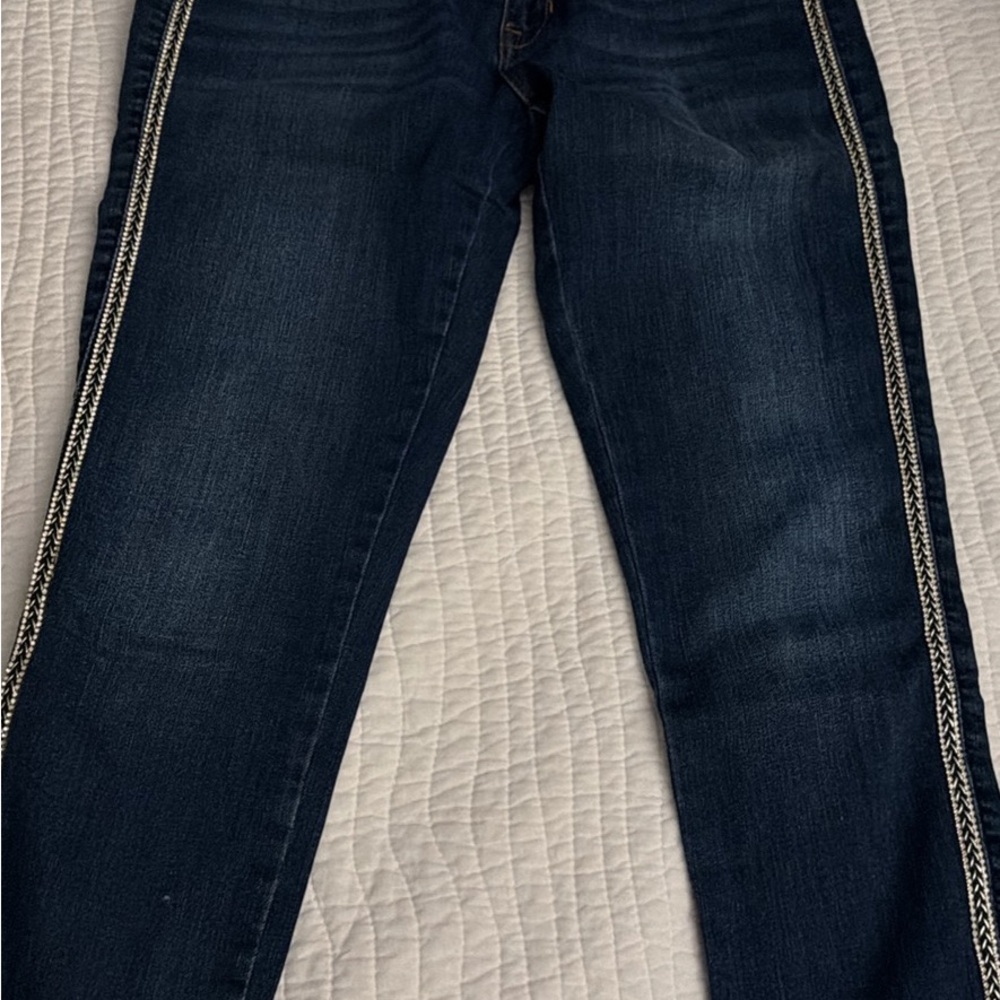 Zara Dark Blue Straight Leg Jeans with Embellished Trim